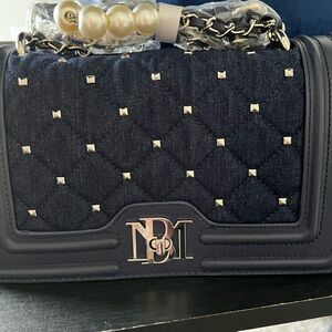 BADGLEY MISHKA DENIM Navy Blue Quilted Handbag with Gold Accents